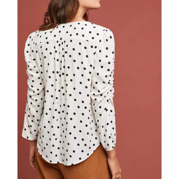 Maeve By Anthropologie Jourdain Blouse Polka Dot Ruched Sleeve Button Down X-S - Picture 2 of 15